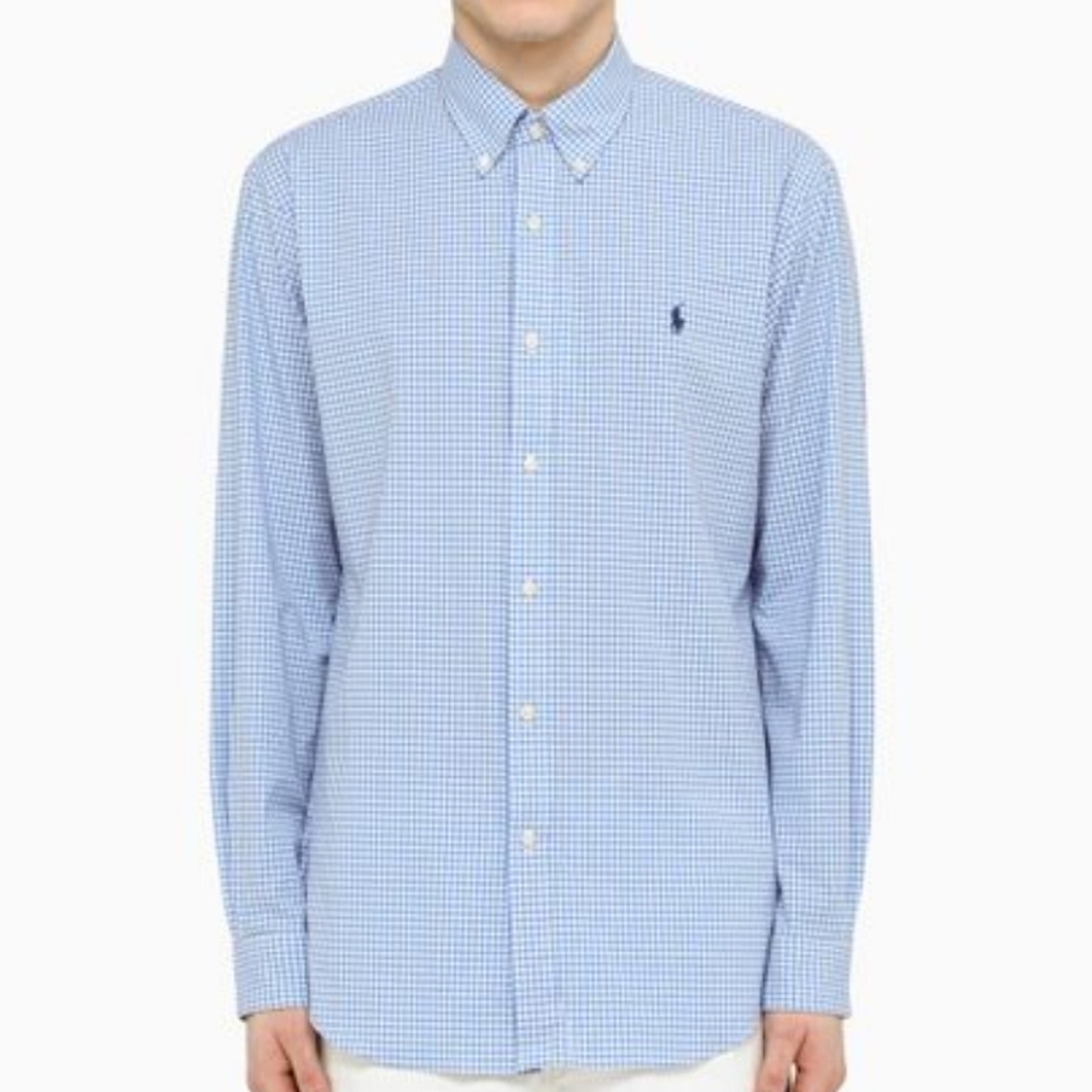 Ralph Lauren Classic Fit Gingham Oxford Linen Shirt Blue L